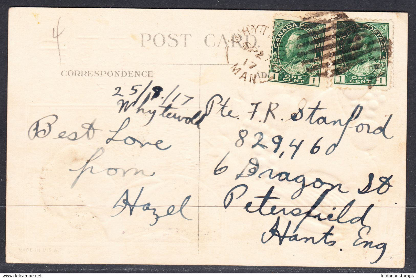 Canada Cover, Whytewold Manitoba, Sep 27 1917, A1 Broken Circle Postmark, To Petersfield England - Lettres & Documents