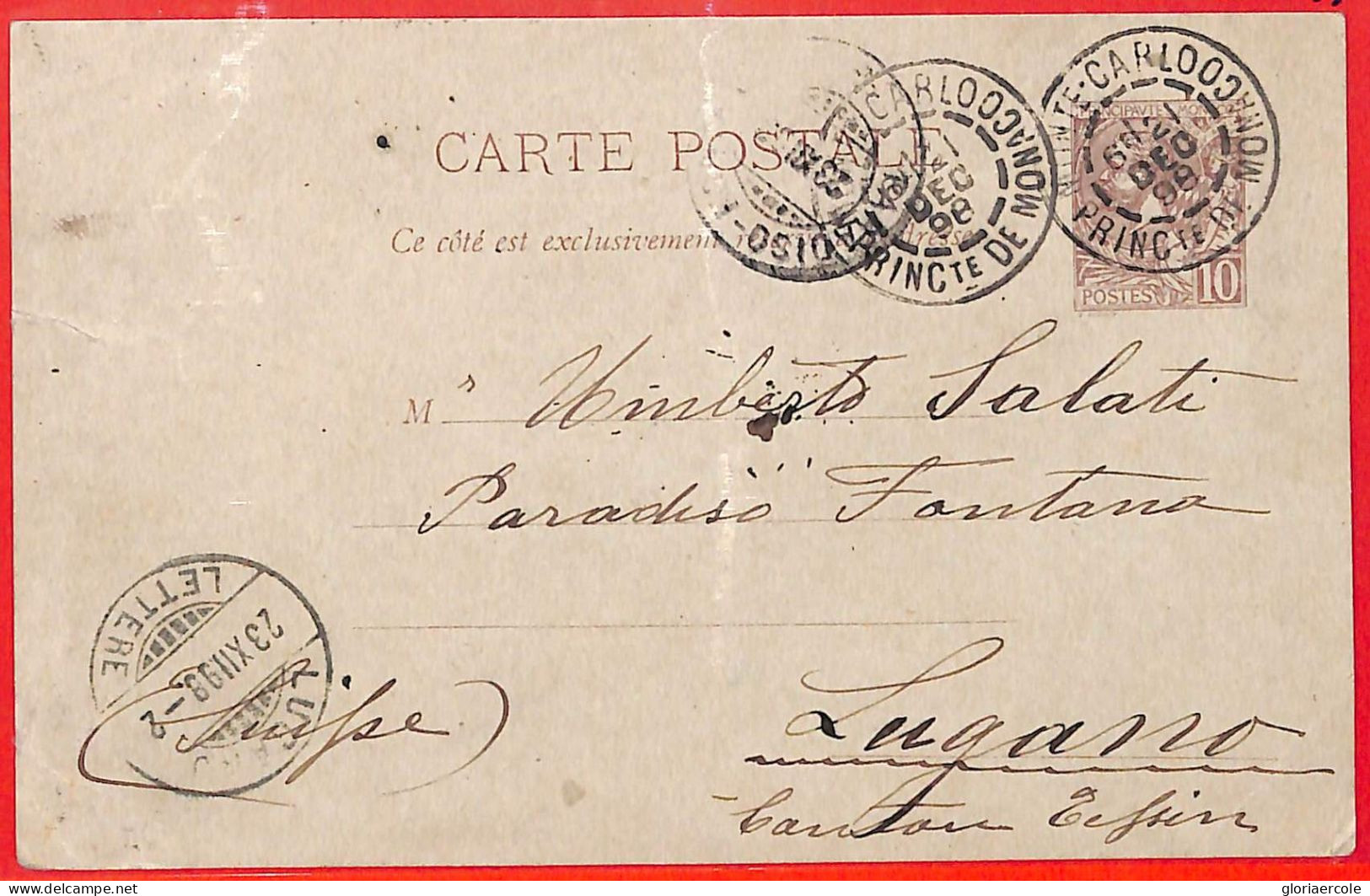 Aa1012 - MONACO - Postal History -    STATIONERY  CARD To SWITZERLAND 1898 - Postal Stationery