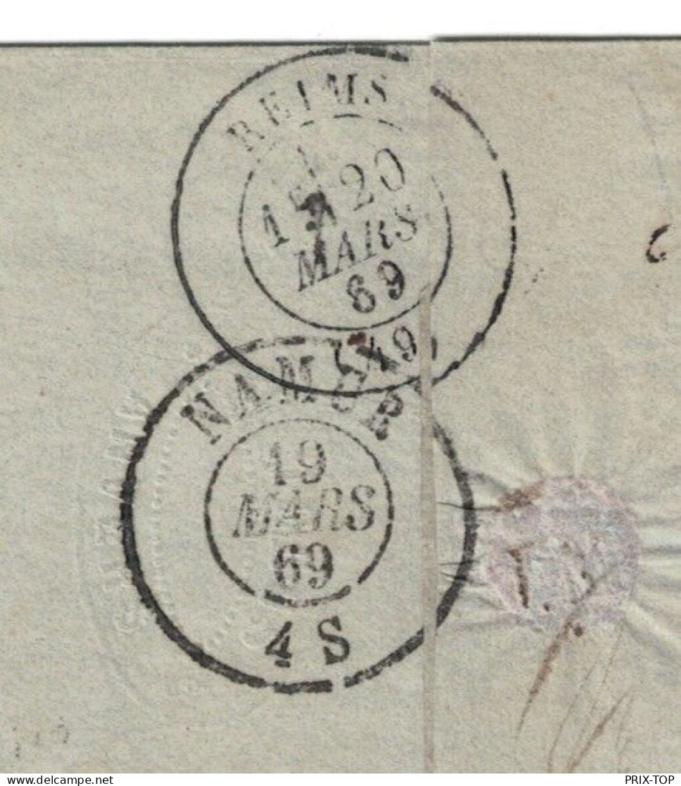 TP 19 S/LAC LOS PTS  12 + Obl.  Anvers 18/3/1869 PD > Reims Via Namur Obl.19/3/69 + C. D'arrivée 20/3/69 - Oblitérations à Points