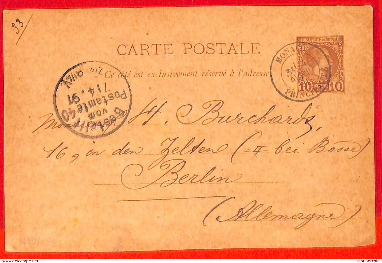 Aa1017 - MONACO - Postal History -    STATIONERY  CARD To GERMANY 1891 - Postal Stationery