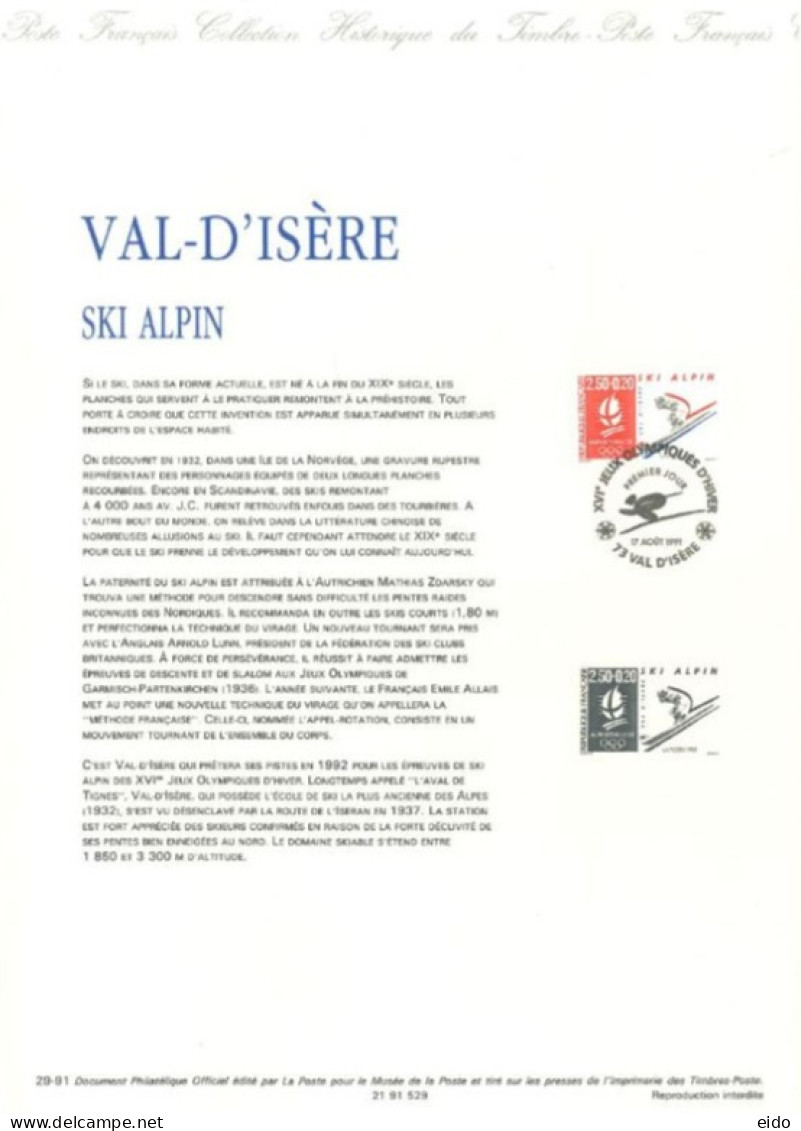 FRANCE : 1991 - SPECIAL CARD SHEET FOLDER OF FIRST DAY STAMP OF( SKI ALPIN ). - Other & Unclassified