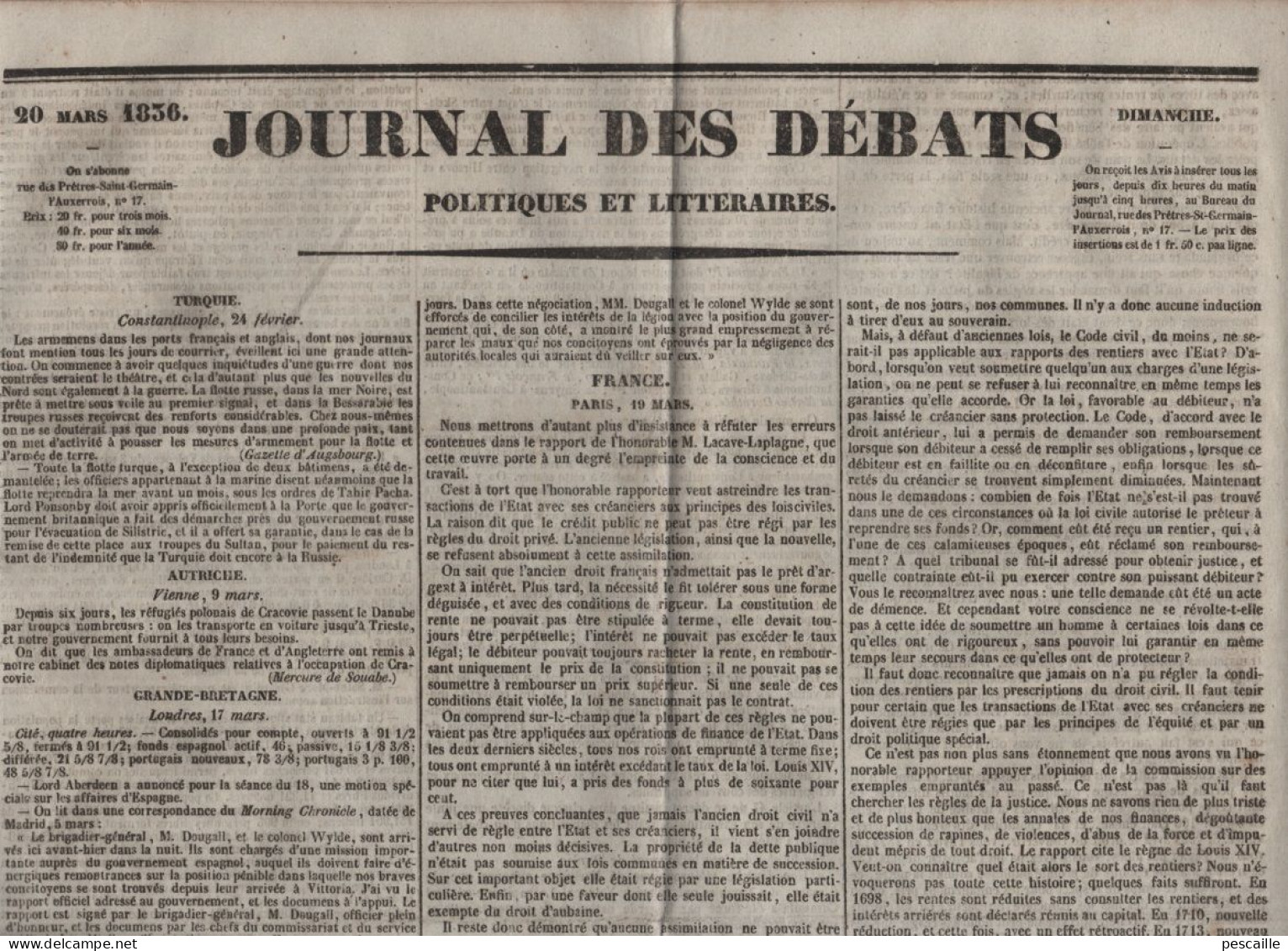 JOURNAL DES DEBATS 20 03 1836 - TURQUIE - ETAT ET CREANCIERS - REVOLUTION BELGE - BATEAUX PRESBOURG A SMYRNE - GRECE - 1800 - 1849