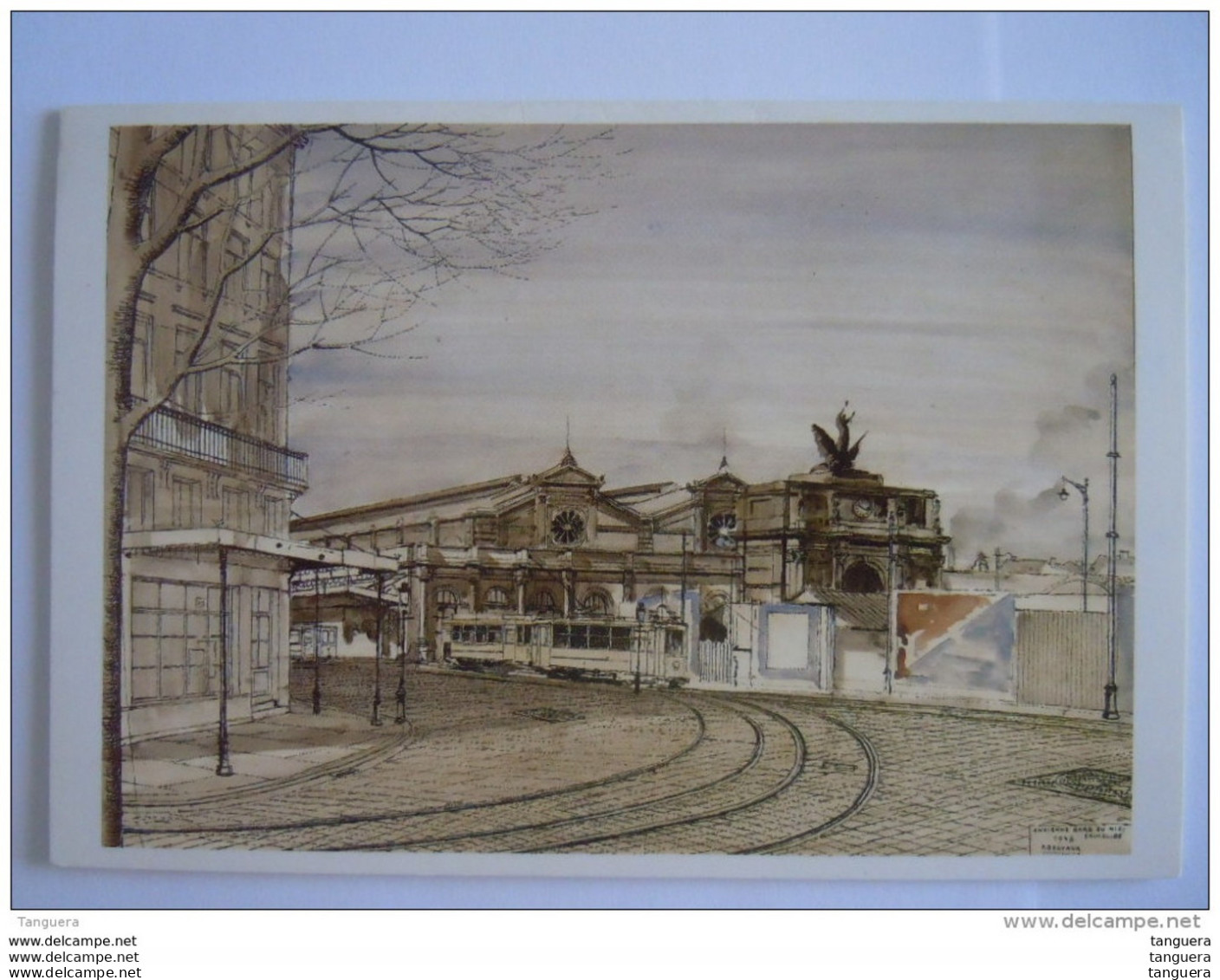 Dubbele Kaart Carte Double Bruxelles Ancienne Gare Du Midi Paul Delvaux Het Oude Zuidstation Tram Form 11,5 X 17 Cm - Spoorwegen, Stations