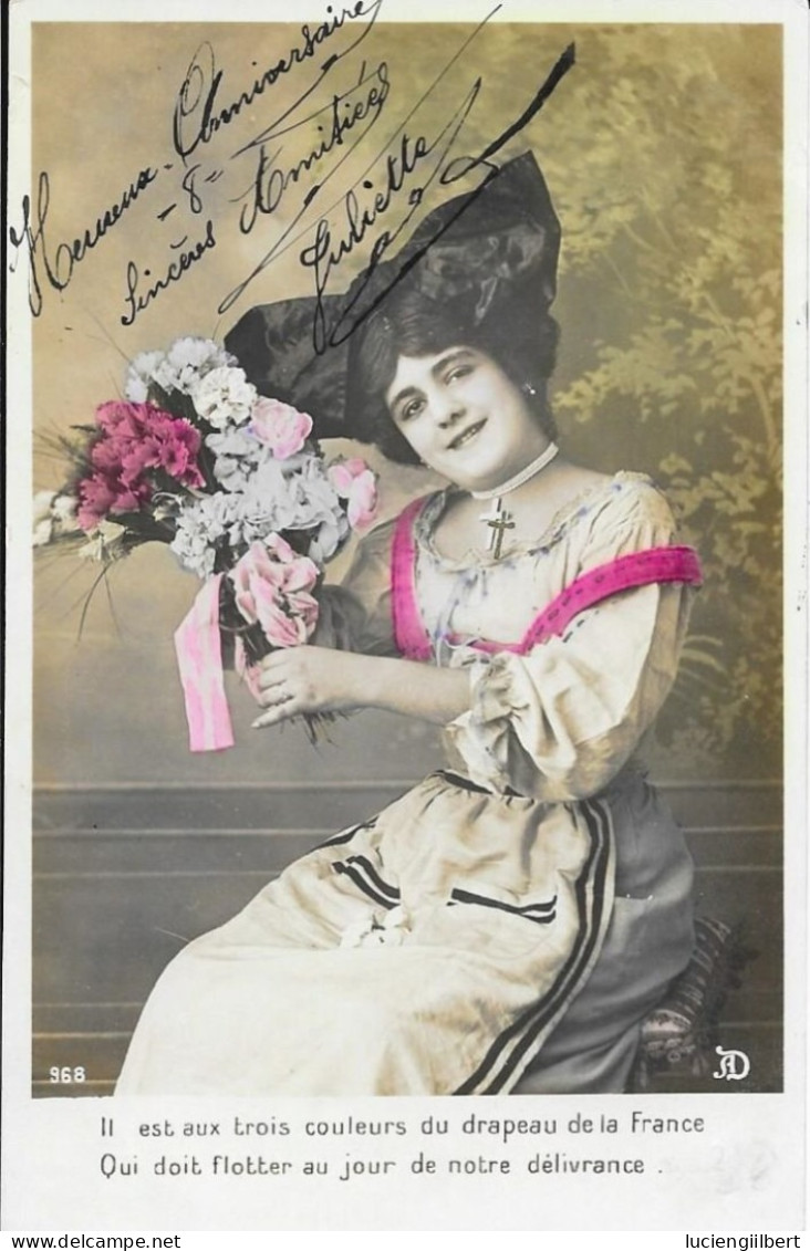 CARTE  FANTAISIE -  ANNEE 1908 -  ALSACE BOUQUET BLEU BLANC ROUGE  -  COLLECTION JULIETTE - JULIETTE A LEON - Collections & Lots