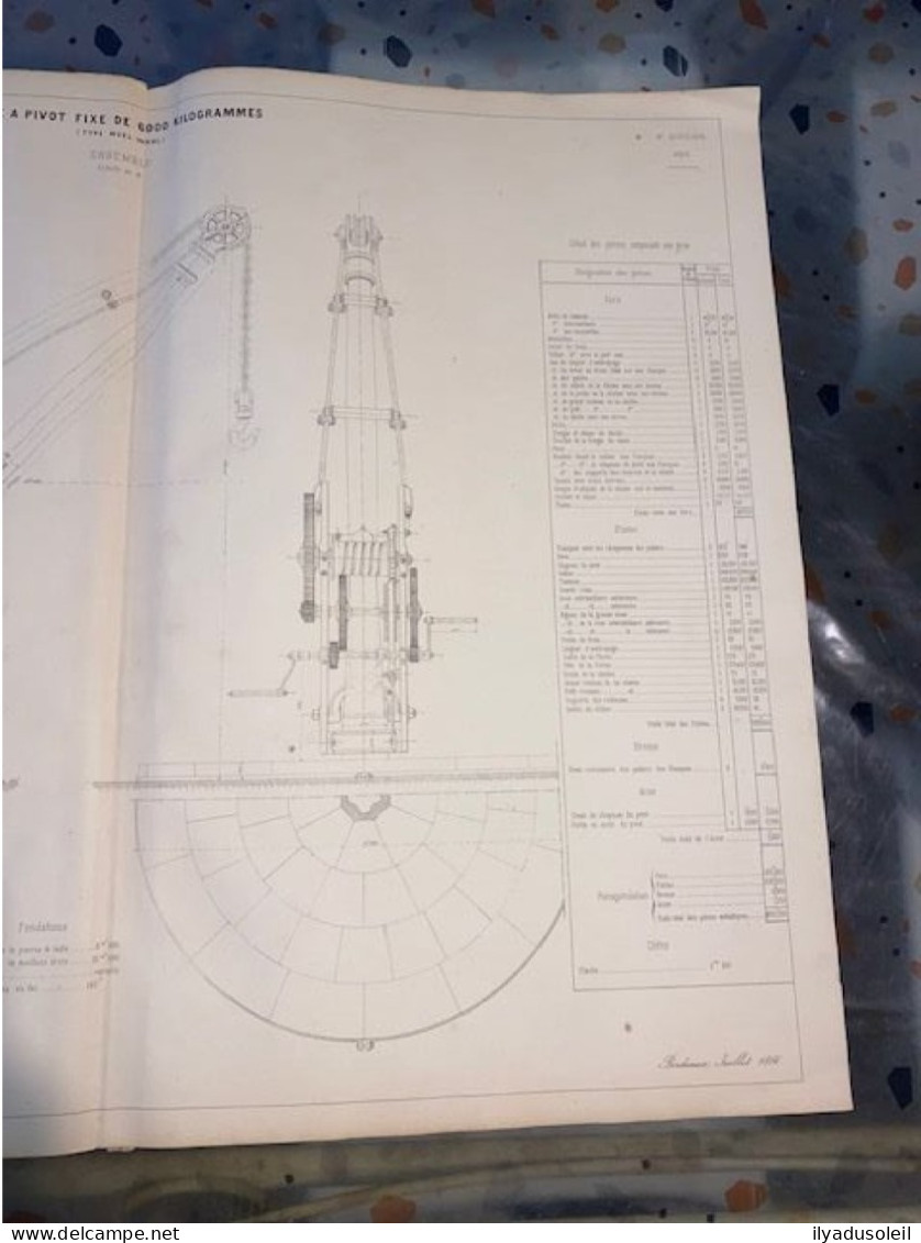 Plan Chemin De Fer Du Midi Grue A Pivot Fixe De 6000 Kilograme Bordeaux Juillet 1866 Format ,64 X 50 Cm - Andere Plannen