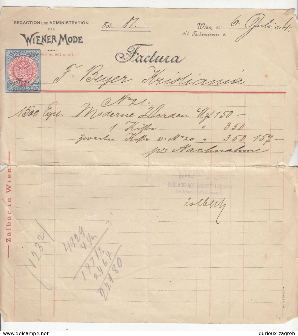 Austria Imprinted Revenue On Wiener Mode Company Bill 1894 B231120 - Fiscaux