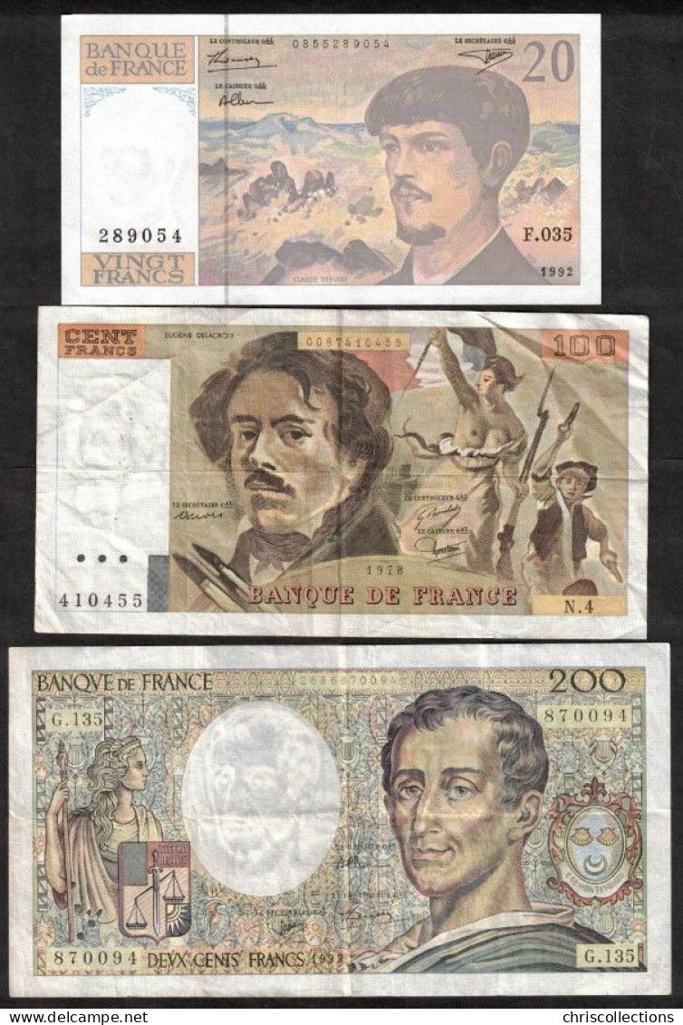 FRANCE - Lot De 3 Billets Français - 20 F Debussy - 100 F Delacroix - 200 F Montesquieu - Non Classés