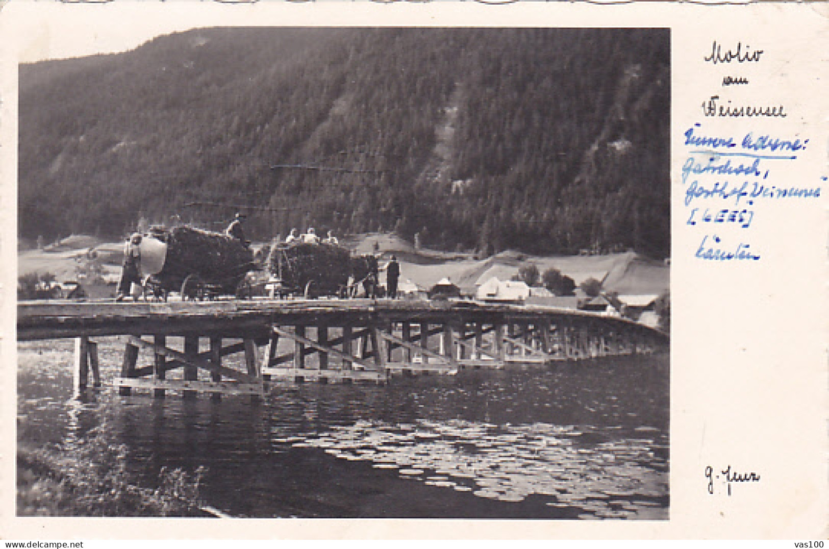 CPA WEISSENSEE- OLD WOOD BRIDGE, HORSE CARTS, PEOPLE, LAKE, MOUNTAINS - Weissensee