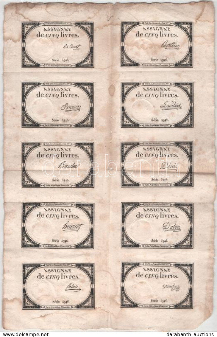 Franciaország 1793. 5L "Assignata" 5346-os Sorozatszámmal, Vízjeles Papíron, Szárazpecséttel, 10-es ívben, Mindegyik Más - Ohne Zuordnung