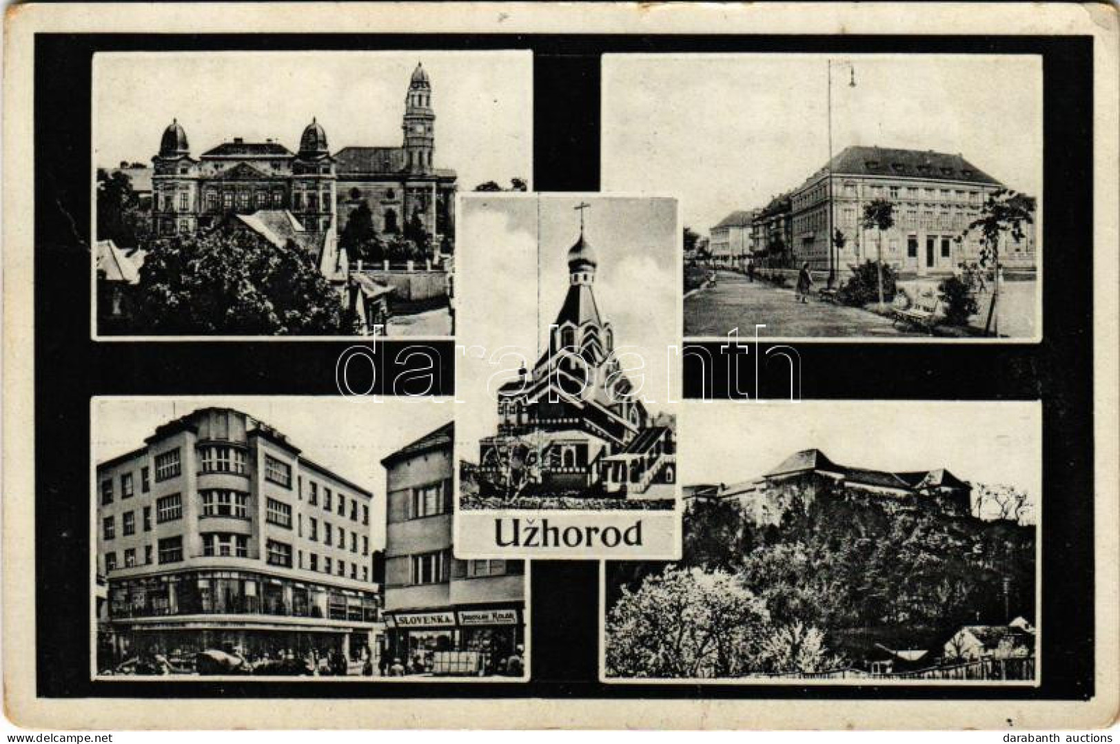 T2/T3 Ungvár, Uzshorod, Uzhhorod, Uzhorod; Fatemplom, Slovenka, Jaroslav Kolár üzlete / Wooden Church, Shops + "1938 Ung - Ohne Zuordnung