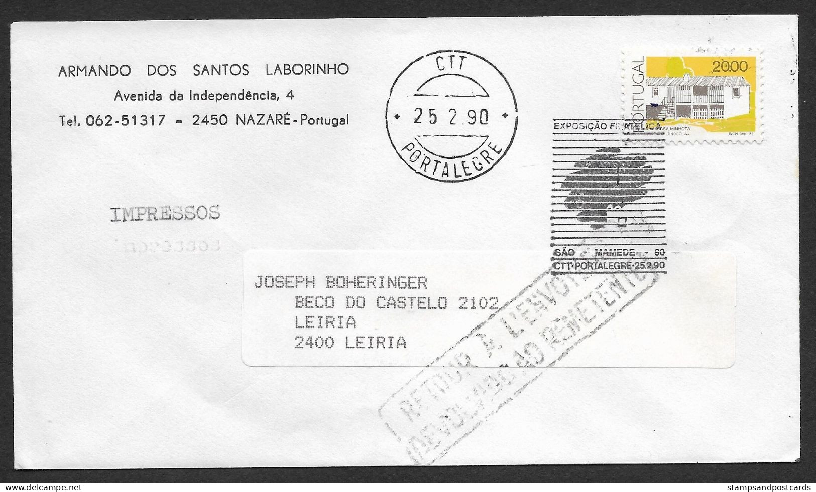 Portugal Lettre Retourné 1990 Cachet Commemoratif  Expo Philatelique Portalegre Stamp Expo Event Pmk Returned Cover - Flammes & Oblitérations