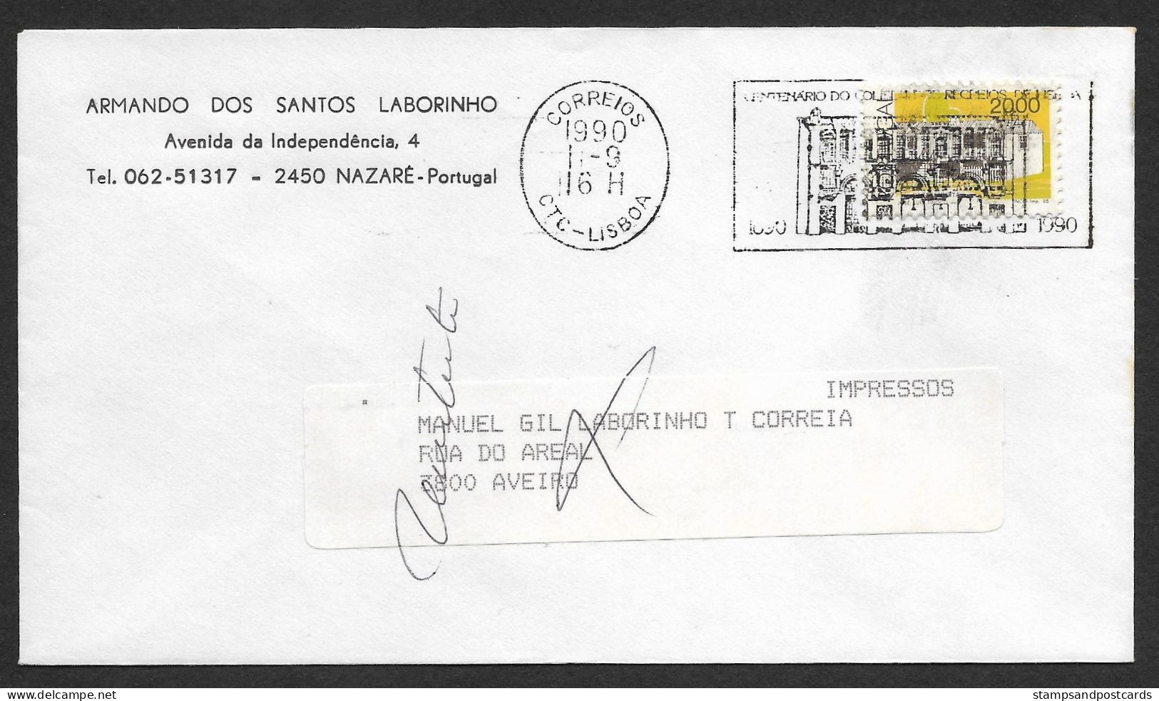 Portugal Flamme 100 Ans Coliseu Dos Recreios De Lisboa 1990 Lettre Retourné Returned Cover Mechanical Postmark - Flammes & Oblitérations