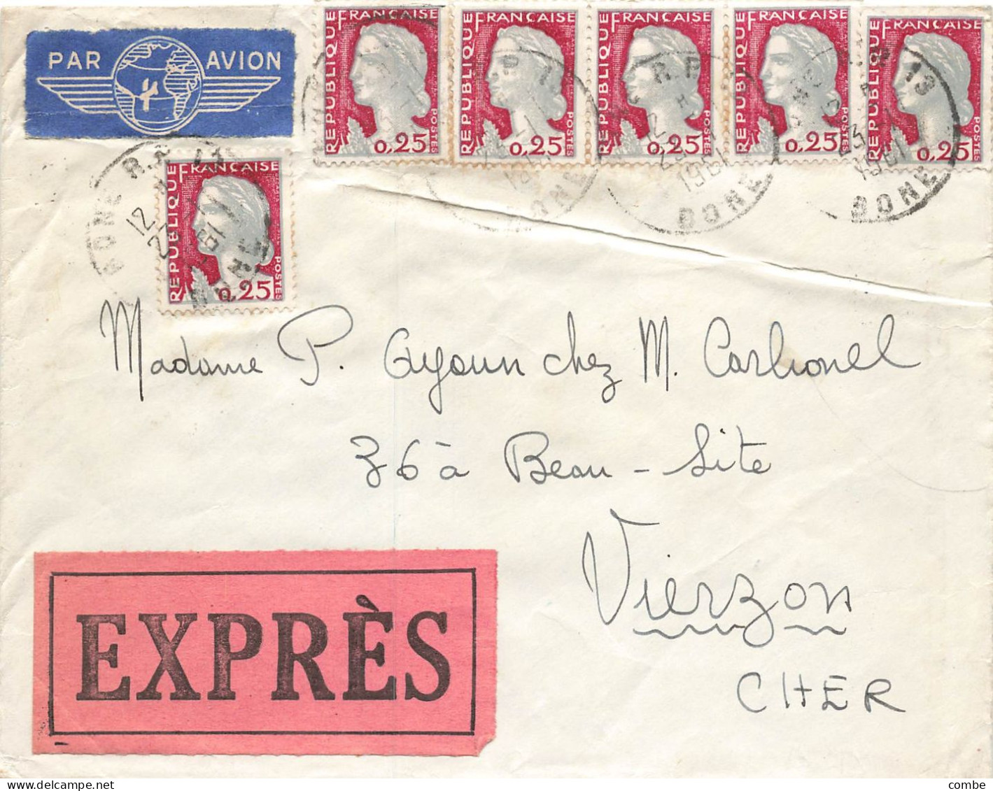 LETTRE. 1960. EXPRES. BONE RP. ALGERIE. PAR AVION. POUR VIERZON. CHER. MARIANNE DECARIS. 150Fr - 1960 Marianna Di Decaris