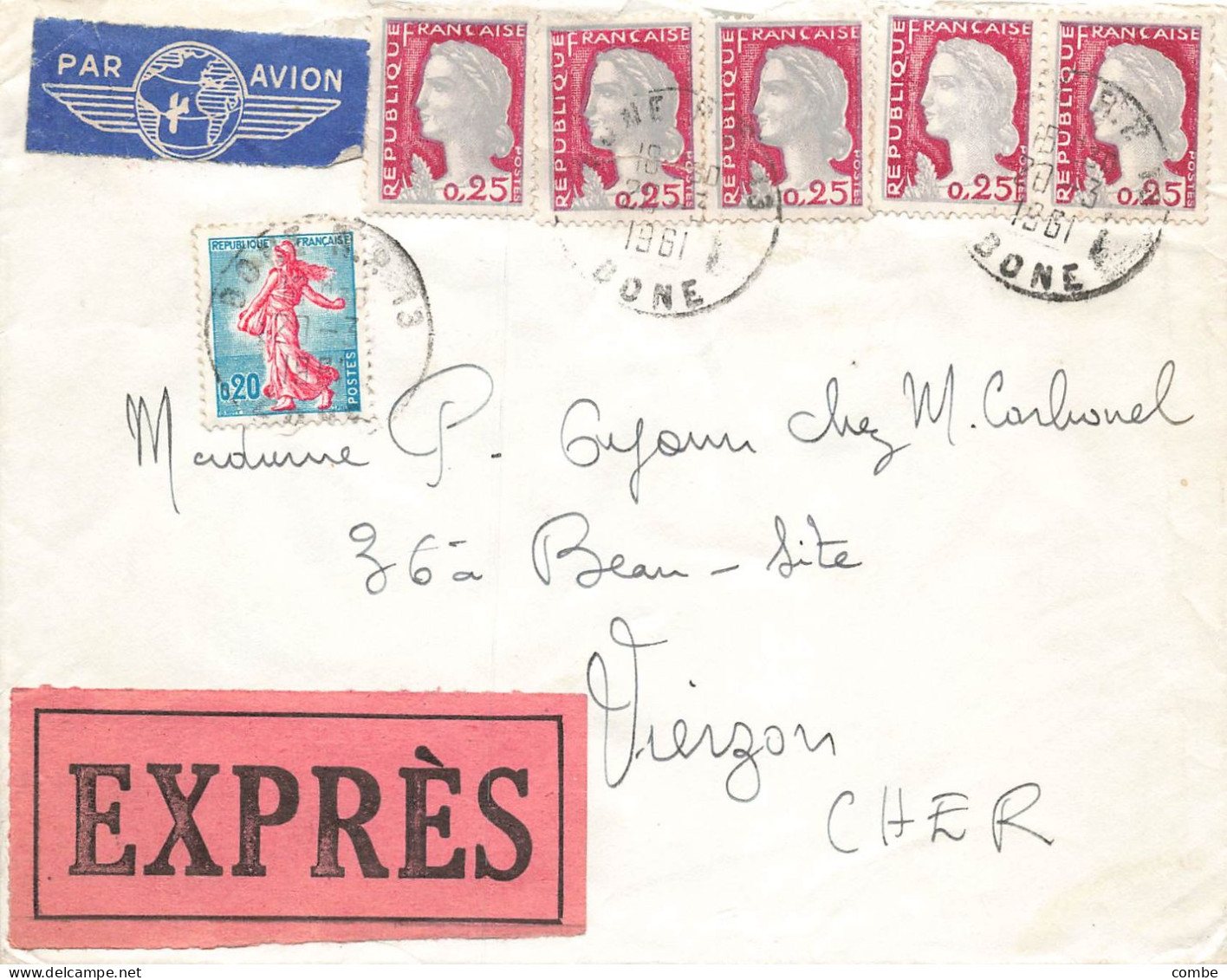 LETTRE. 1960. EXPRES. BONE RP. ALGERIE. PAR AVION. POUR VIERZON. CHER. MARIANNE DECARIS. 145Fr - 1960 Marianna Di Decaris