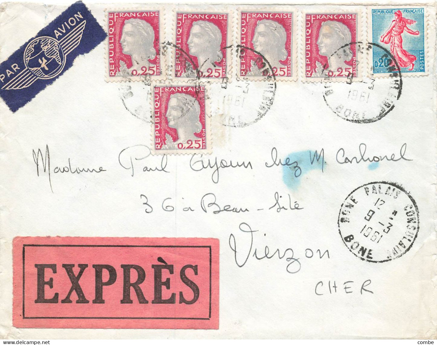 LETTRE. 1960. EXPRES. BONE RP. ALGERIE. PAR AVION. POUR VIERZON. CHER. MARIANNE DECARIS. 145Fr - 1960 Maríanne De Decaris