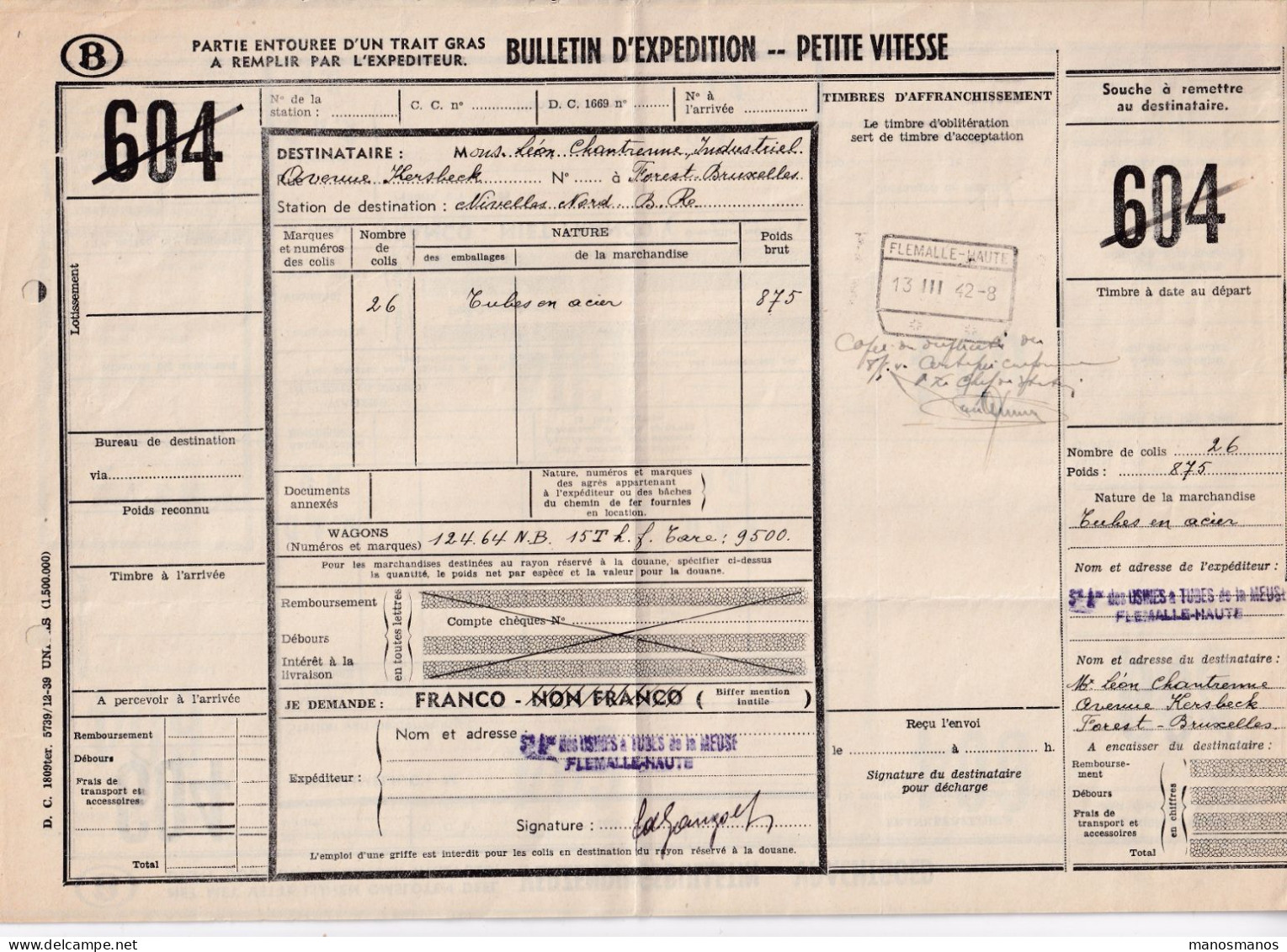 DDFF 145 - Bulletin D' Expédition Gare De FLEMALLE-HAUTE 1942 Vers FOREST BXL - Expéd. S.A.Usines à Tubes De La Meuse - Documents & Fragments