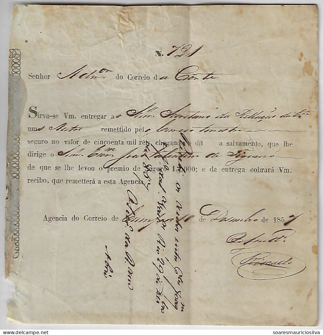 Brazil 1857 Receipt Of Shipment By Mail Post Office Of Process Records By Land Route From Campos To Rio De Janeiro - Brieven En Documenten