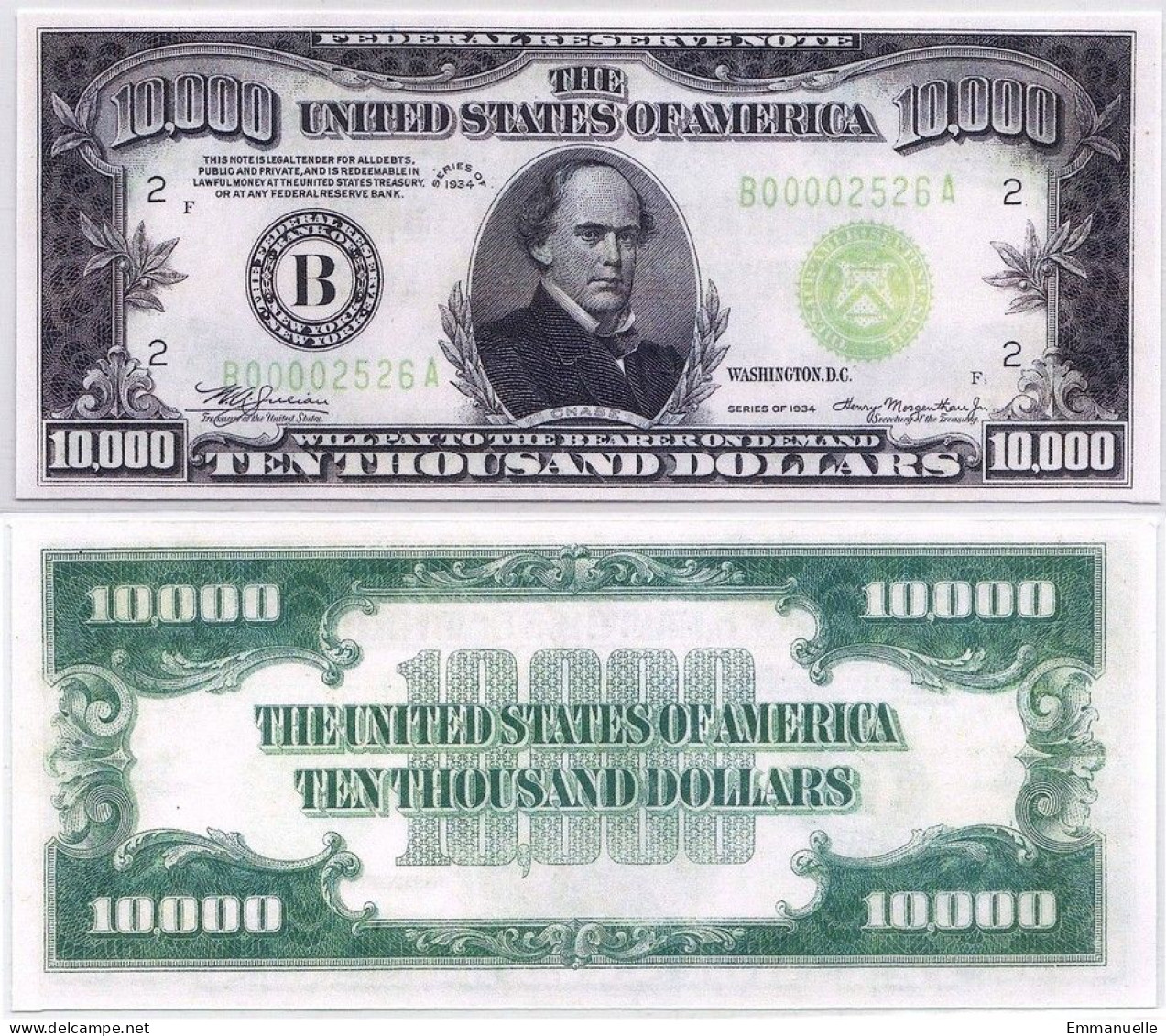 COPIE  - USA 10 000 Dollars - 1934 Fed.-REPRODUCTION - Billetes De La Reserva Federal (1928-...)
