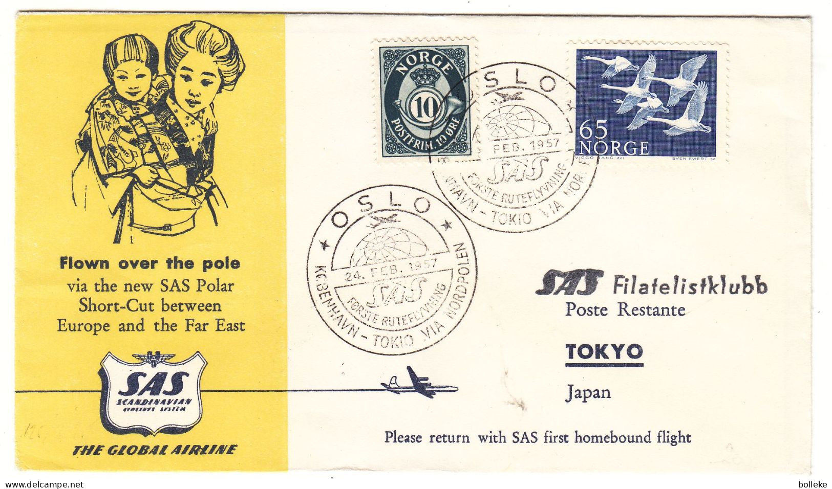 Norvège - Lettre De 1957 - Oblit Oslo - 1 Er Vol Kobenhavn Tokyo Via Nordpolen - Idées Européennes - - Briefe U. Dokumente