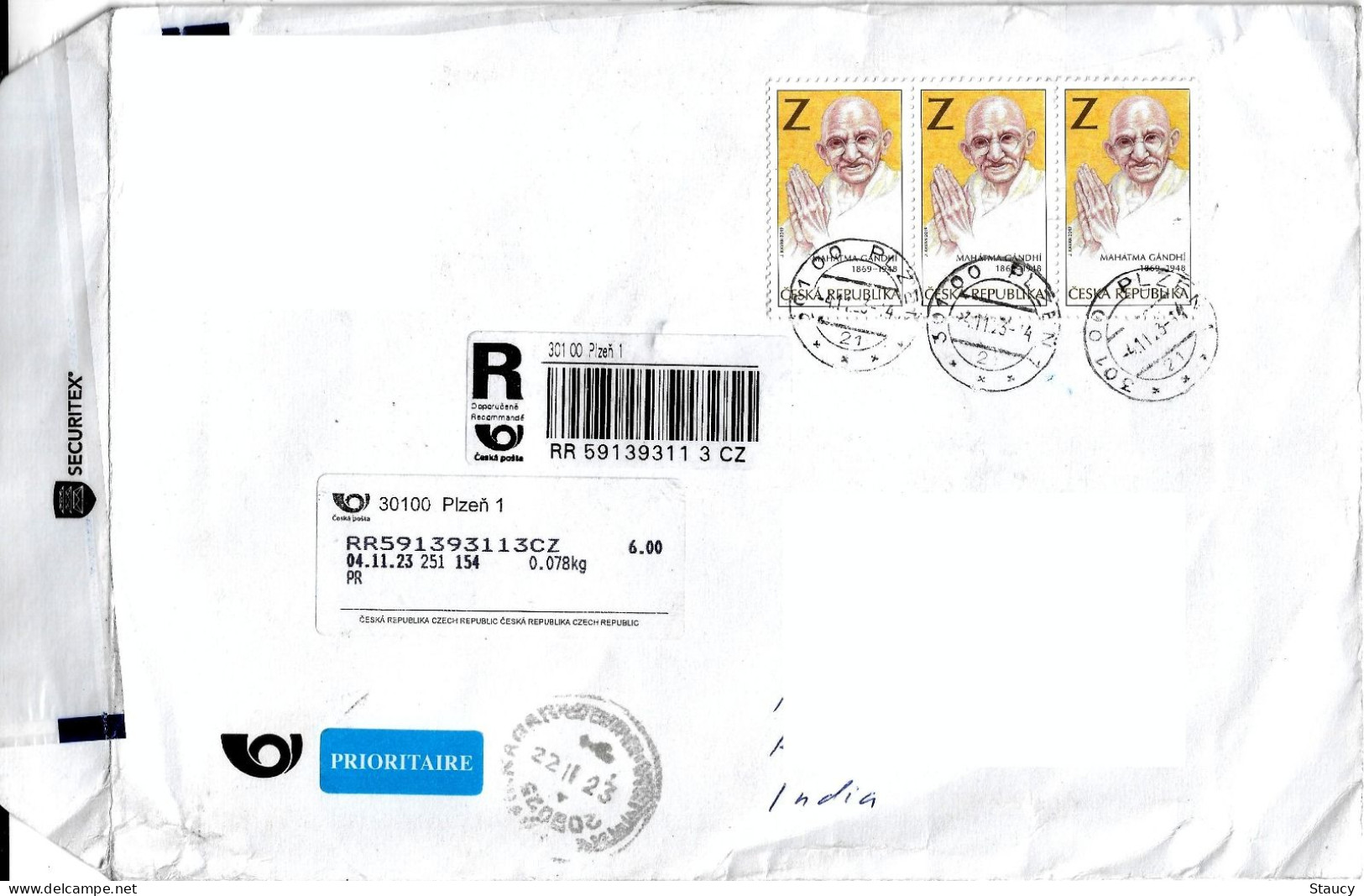 CZECH GANDHI 150th. Birth Anniversary Of Mahatma Gandhi Franking On Registered Air Mail Travelled Cover To India As Scan - Brieven En Documenten