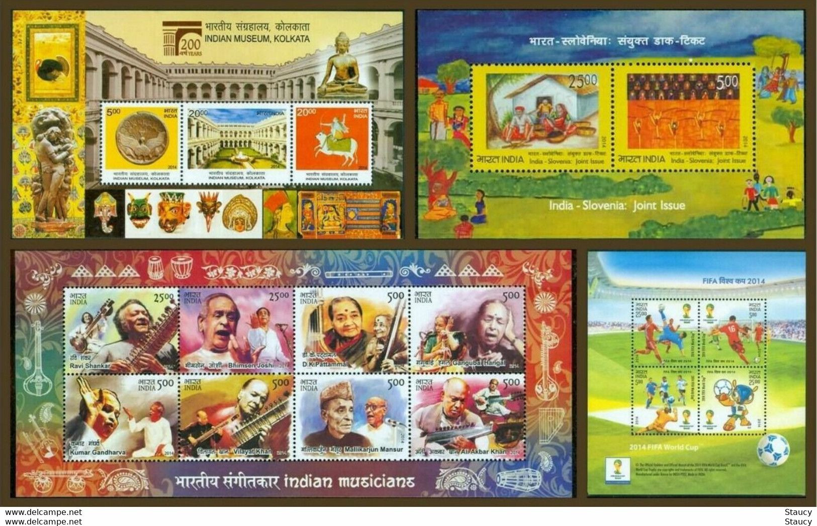 India 2014 Complete/ Full Set Of 4 Different Mini/ Miniature Sheets Year Pack Sports FIFA Soccer Music Buddhism MS MNH - Andere & Zonder Classificatie