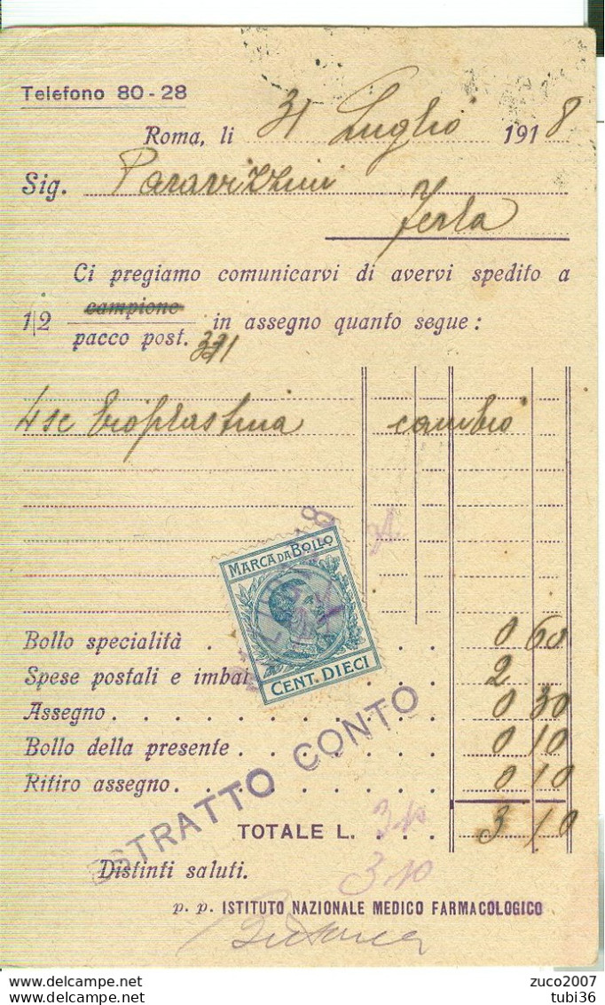 CARTOLINA POSTALE,STAMPA  PRIVATA,FATTURA ESTRATTO CONTO CON MARCA DA BOLLO, 1918,ROMA-FERLA (SIRACUSA) - Health & Hospitals