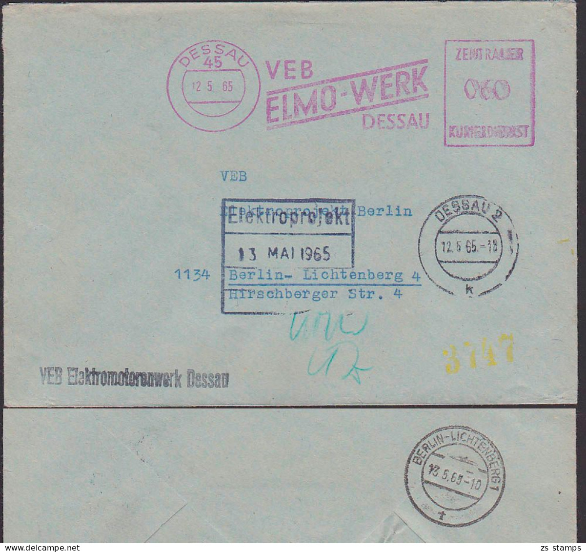 DDR ZKD AFS =060= DESSAU VEB ELMO - Werk Elektromotorenwerk Doppelbrief N. Berlin-Lichtenberg - Lettres & Documents