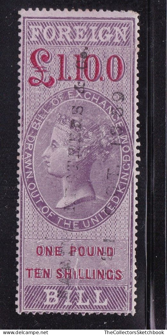 GB Fiscals / Revenues Foreign Bill;  £1/10/  Lilac And Carmine Average Used Barefoot 65 (thick Glossy Paper) - Revenue Stamps