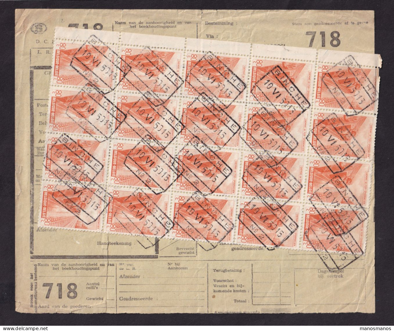 DDFF 159 - Timbres Chemin De Fer En MULTIPLES - Bloc Bdf De 20 X 0.80 F - S/ Bulletin D'Expédition - Gare De BINCHE 1950 - Dokumente & Fragmente