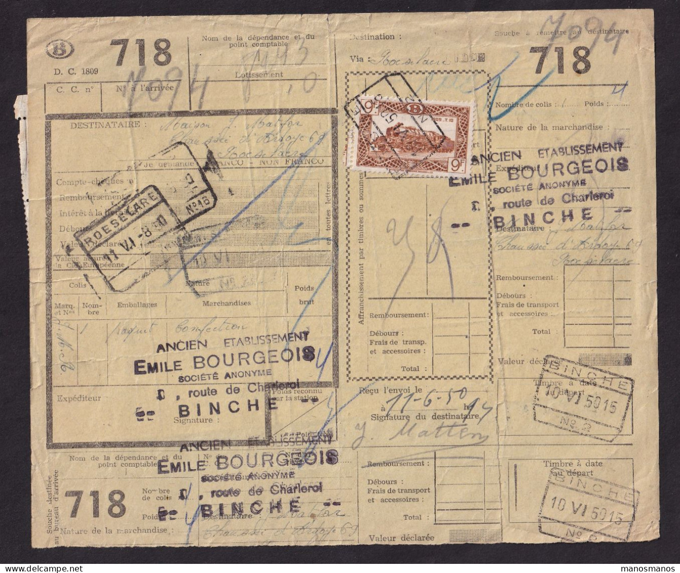 DDFF 159 - Timbres Chemin De Fer En MULTIPLES - Bloc Bdf De 20 X 0.80 F - S/ Bulletin D'Expédition - Gare De BINCHE 1950 - Documenten & Fragmenten
