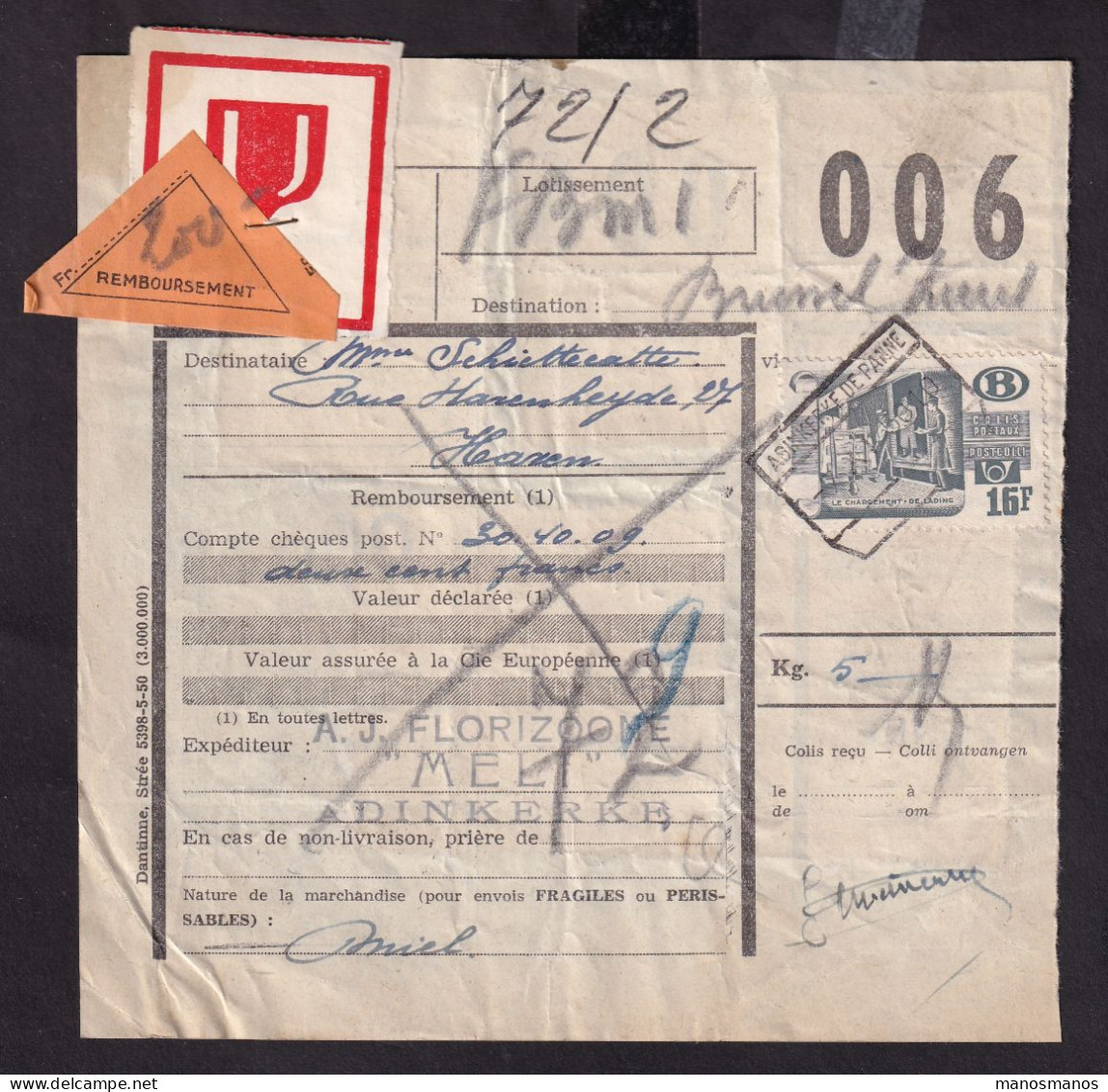 DDFF 161 - Timbres Chemin De Fer En MULTIPLES - 10 X 1/2 F (2 Marginaux) - S/ Bulletin D'Expédition - ADINKERKE 1950 - Documents & Fragments
