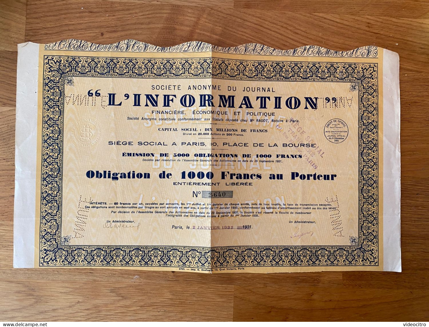 Obligation 1000 Francs - Journal "L'Information" Financière, Economique Et Politique - 1932 - G - I