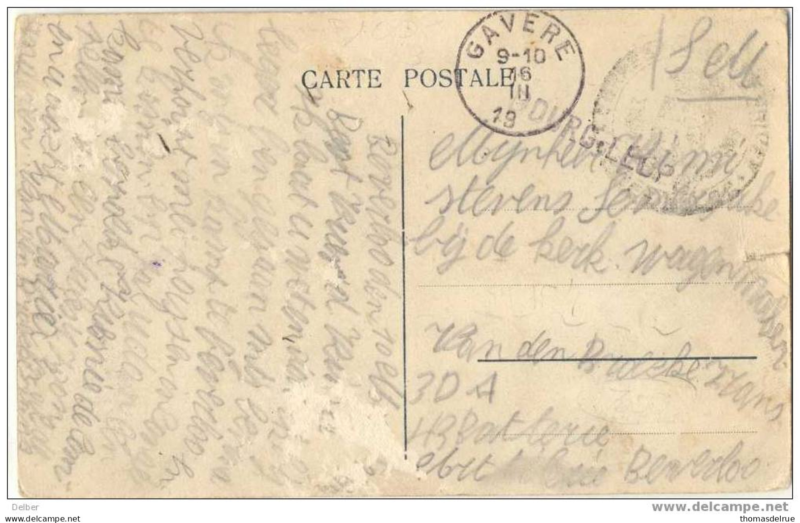 _R917:Postkaart:CAMP DE BEVERLOO:MESS DES OFFICIERS: S.M: LNN-stempel: BOURGLEOPOLD >> GAVERE 19__ (onvolledig Jaar) - Fortune Cancels (1919)