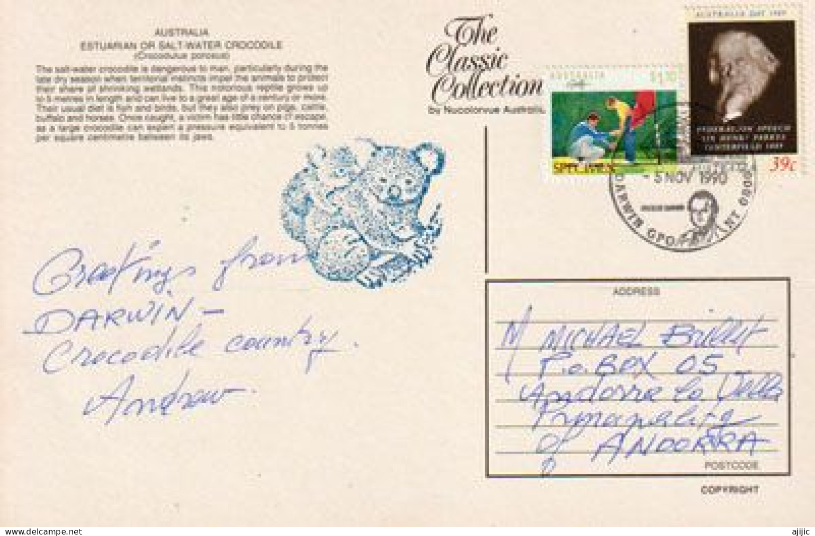 Greetings From DARWIN,  The Crocodiles Country, Postcard To Andorra, From DARWIN  NT (1990) 2 Pics - Kakadu