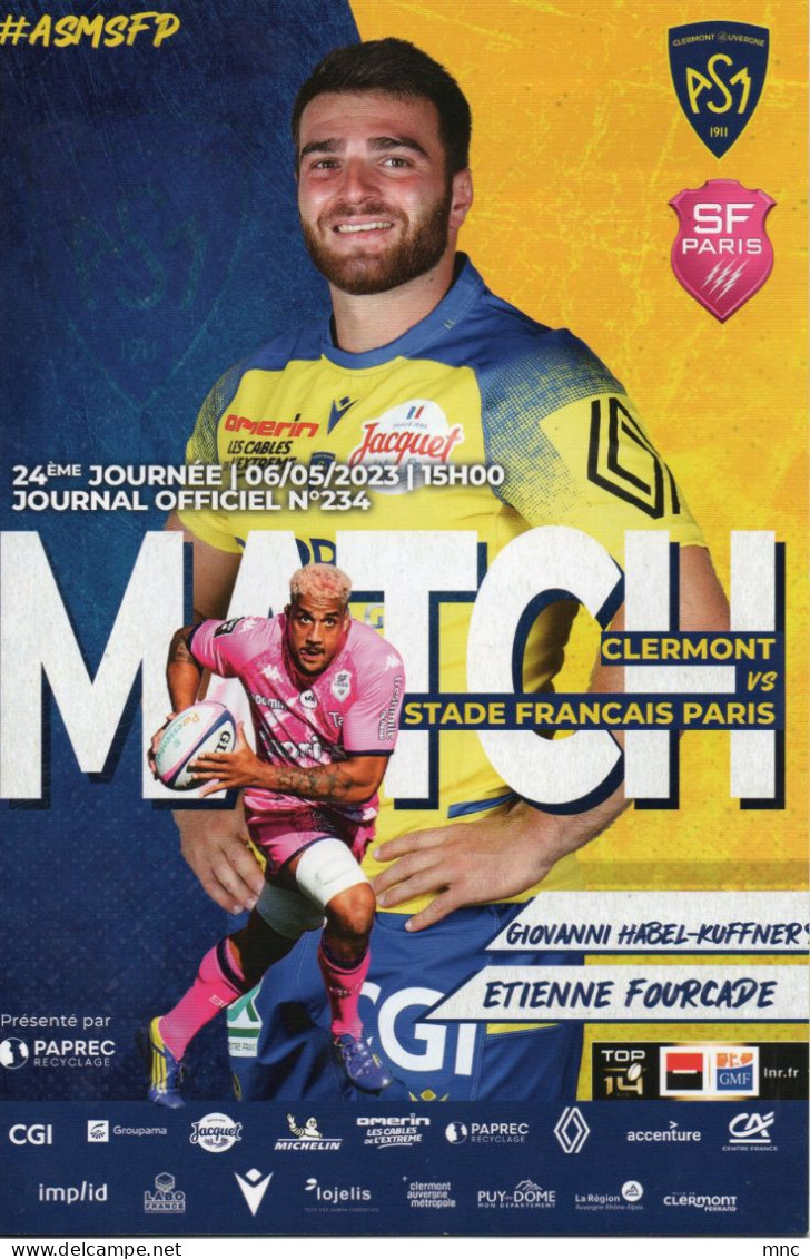 Programme Match Top 14 : AS Clermont Auvergne / Stade Français  06/05/2023 - Rugby