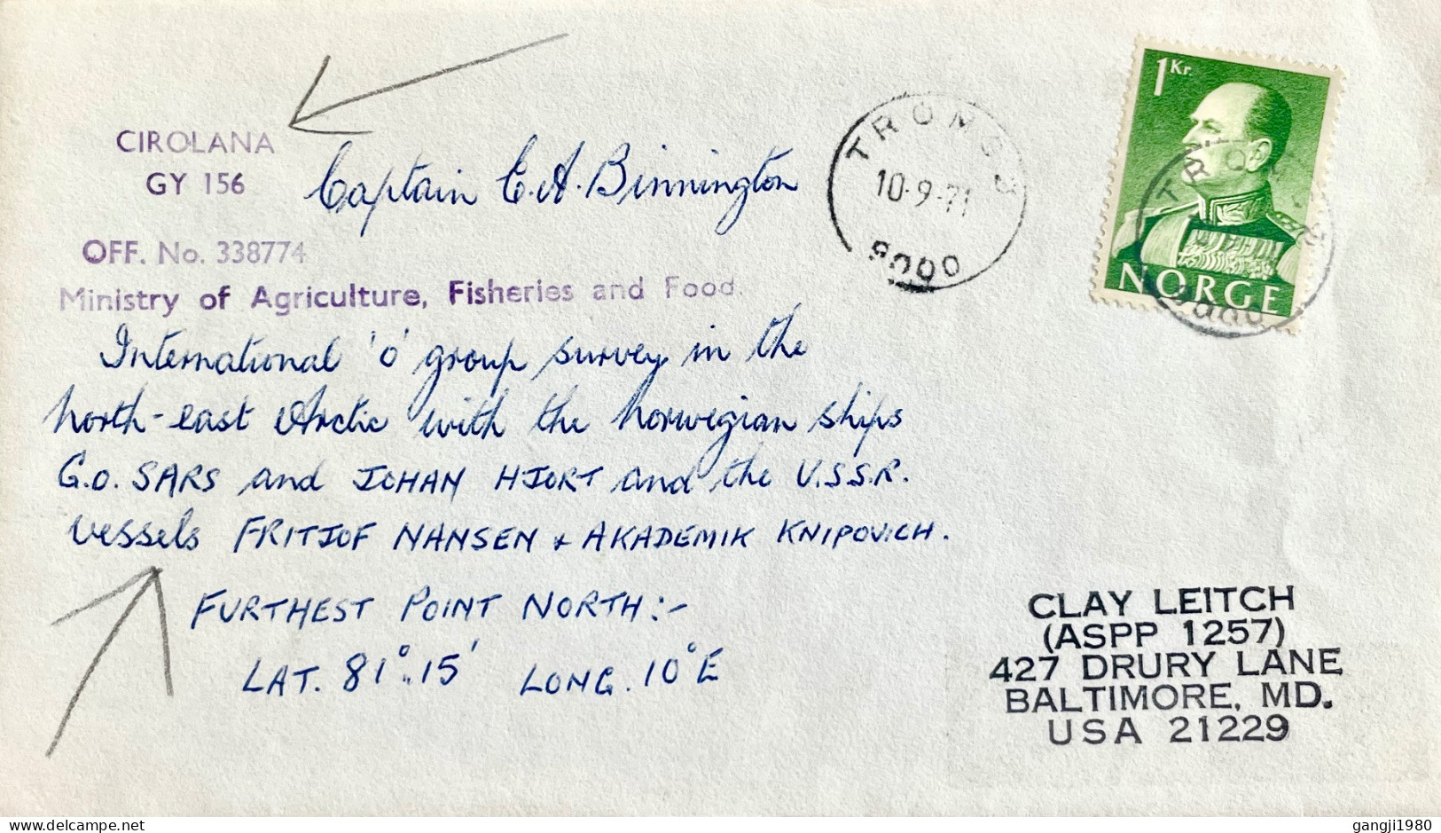 NORWAY 1971, SIGNED SPECIAL COVER, USED TO USA, CIROLANA,  MINISTRY OF AGRI FISH & FOOD, INT SURVEY USSR & NORWAY VESSEL - Autres & Non Classés