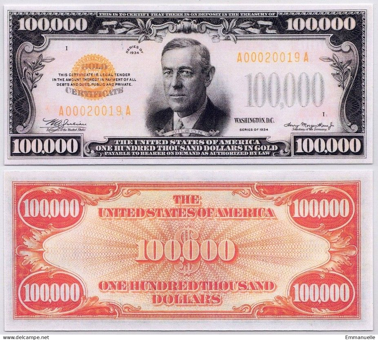 COPIE - USA 100 000 Dollars In Gold- 1934, REPRODUCTION - Gold Certificates – Títulos Oro (1928)