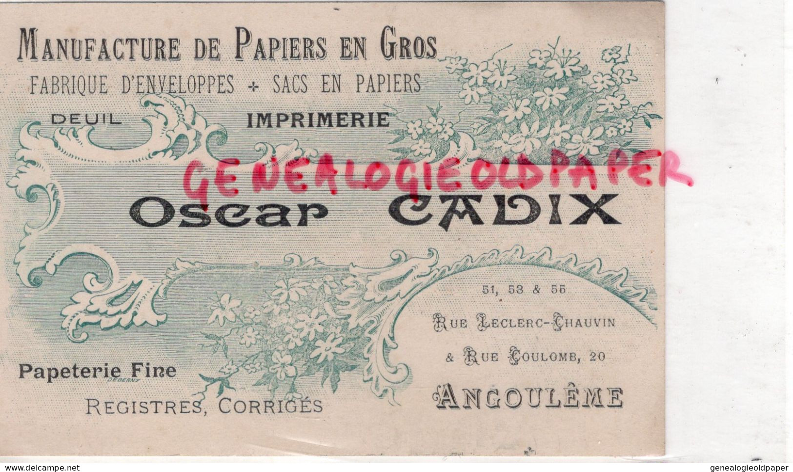 16- ANGOULEME -CARTE OSCAR CADIX -MANUFACTURE PAPIERS EN GROS-IMPRIMERIE PAPETERIE-51 RUE LECLERC CHAUVIN -20 RUE COULOM - Druck & Papierwaren