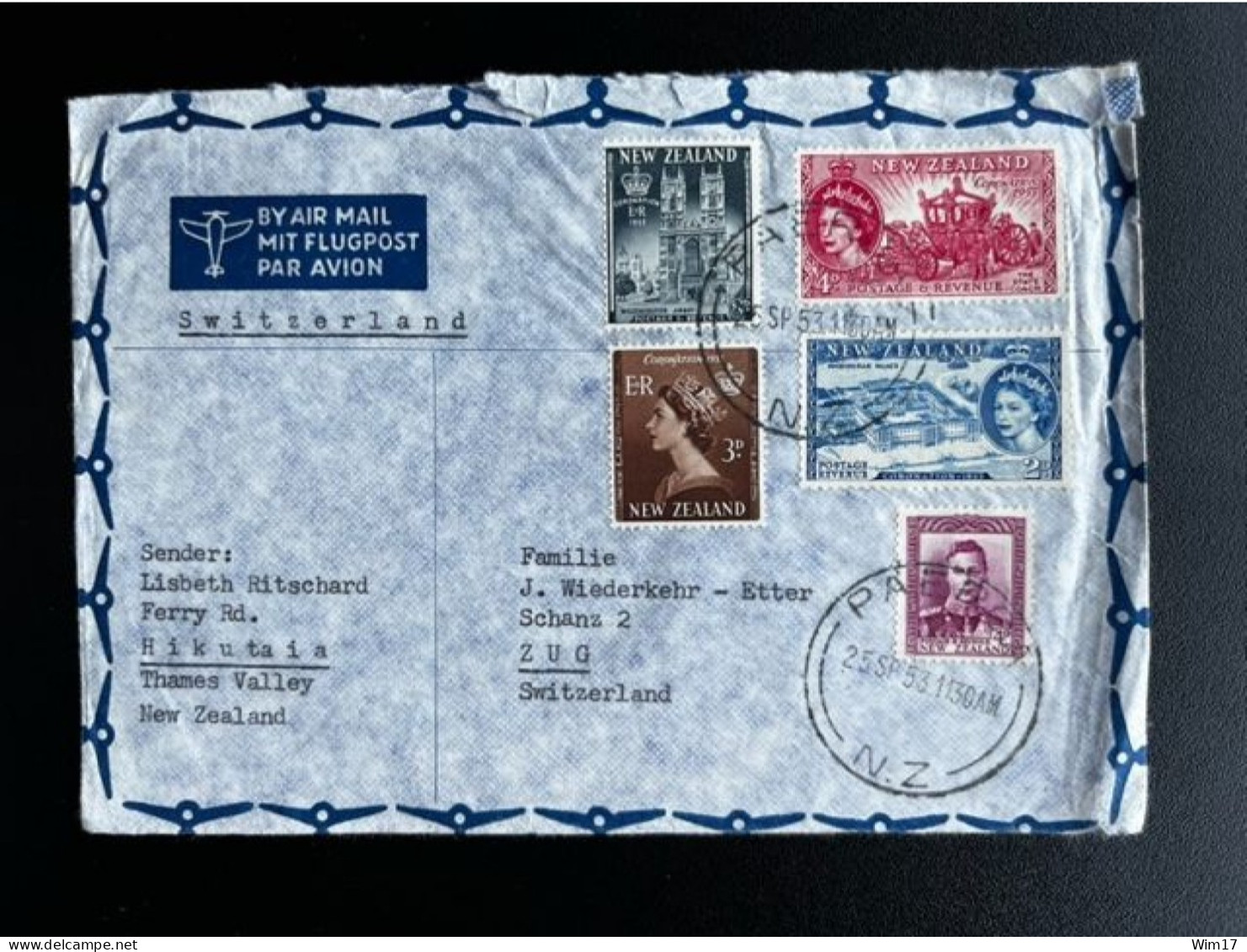 NEW ZEALAND 1953 AIR MAIL LETTER PAEROA TO ZUG 25-09-1953 NIEUW ZEELAND - Covers & Documents