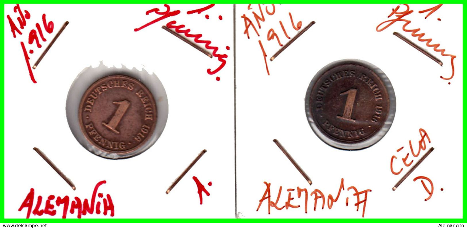 ALEMANIA – GERMANY - IMPERIO 2 MONEDAS DE SERIE COBRE DIAMETRO 17.5 Mm. DEL AÑO 1916 – KM-10   WILHELM II - 1 Pfennig