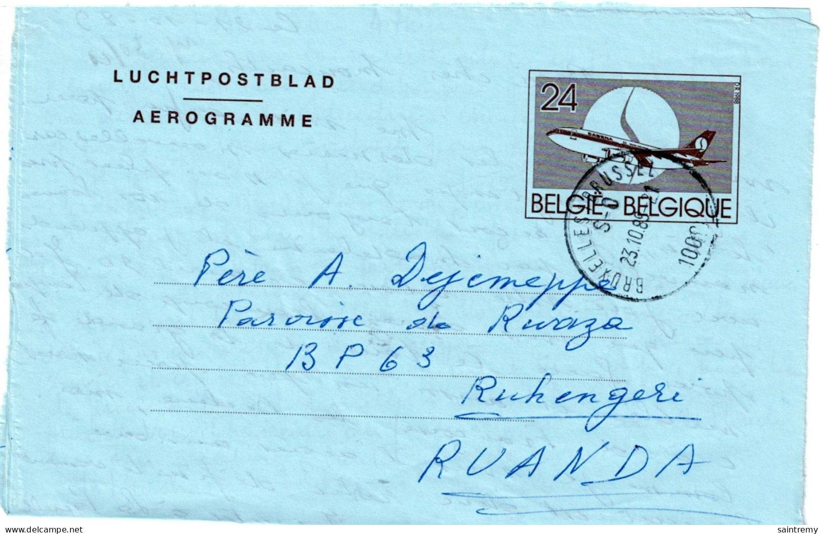 Belgique Aérogramme N°22 N/F Obl Bruxelles  Vers Rwanda  J102 - Aerograms