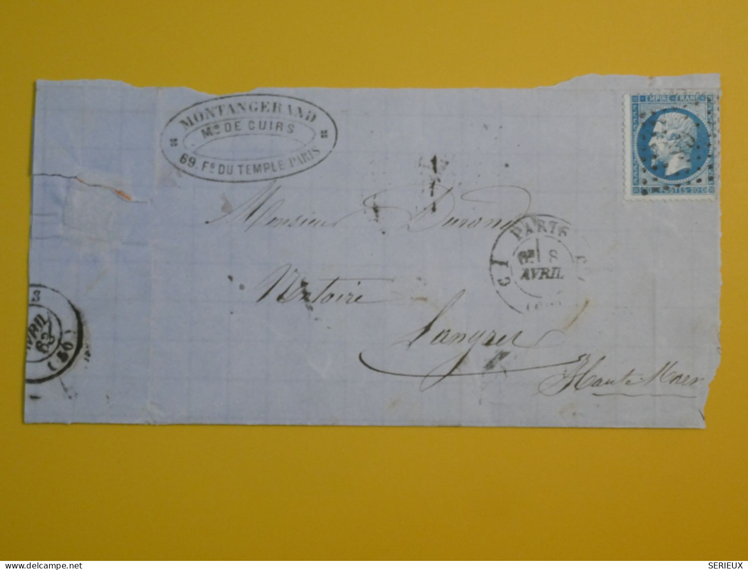 Q30 FRANCE   LETTRE   INCOMPLETE  1869  PARIS A LANGRES + NAPOLEON N° 22 +AFF. INTERESSANT+++ - 1862 Napoleon III