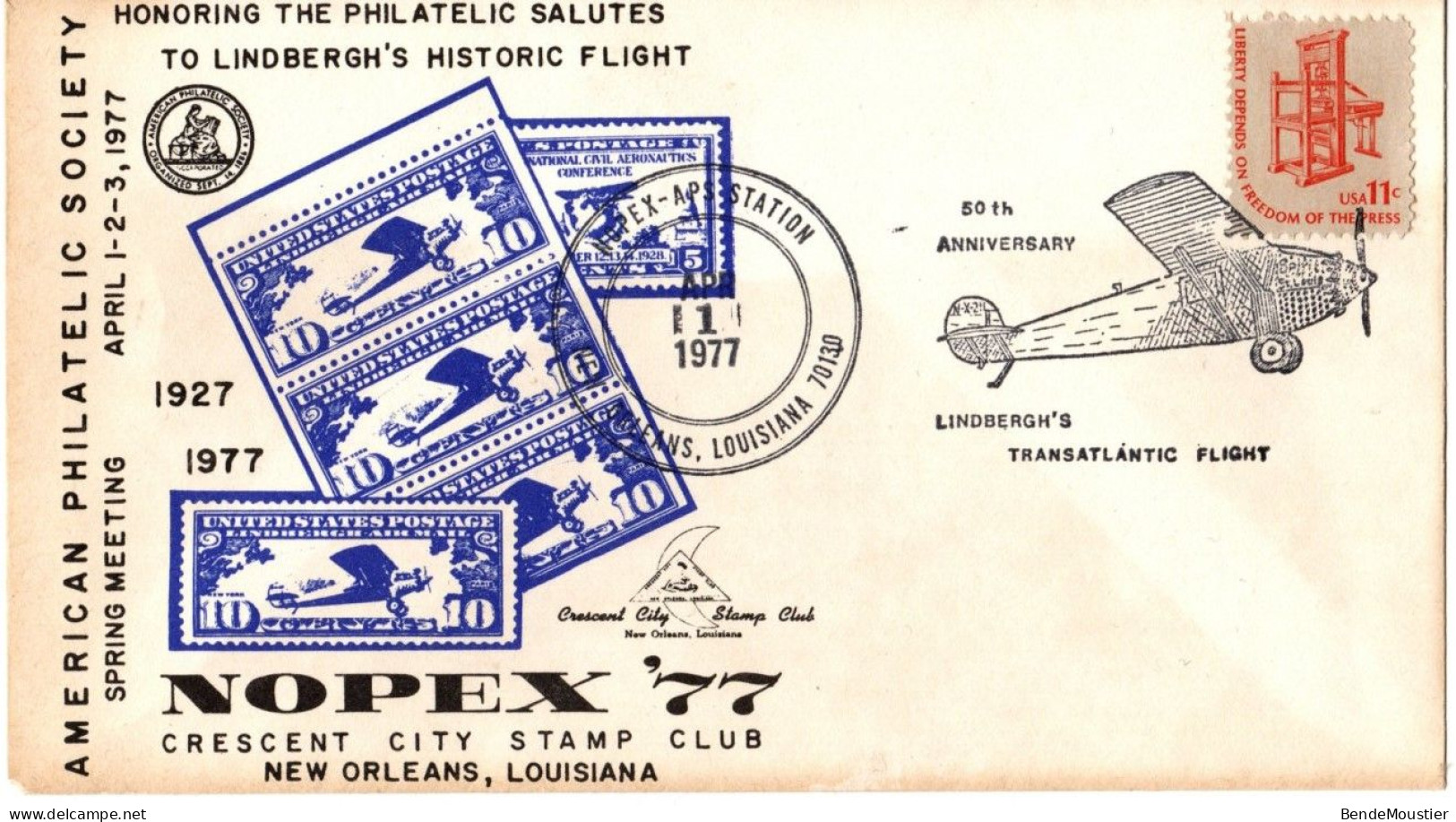 (N92) USA SCOTT # 1593 - 50ème  Lindbergh's Transatlantic Flight - Nopex ' 77 - New Orléans, Louisiana 1977 - Storia Postale