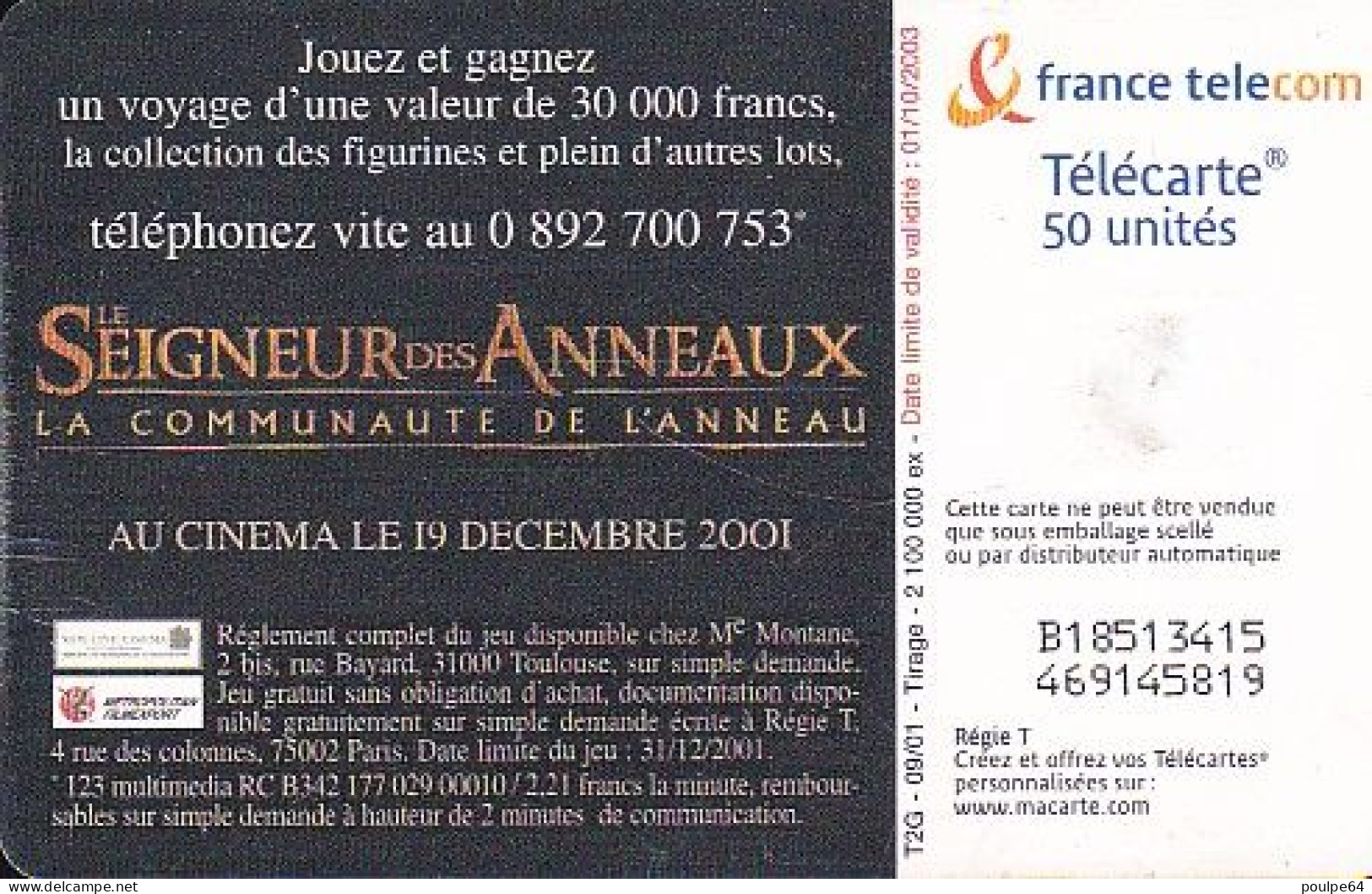 F1176  09/2001 - SEIGNEUR DES ANNEAUX " Yeux Ouverts " - 50 GEM2 - 2001