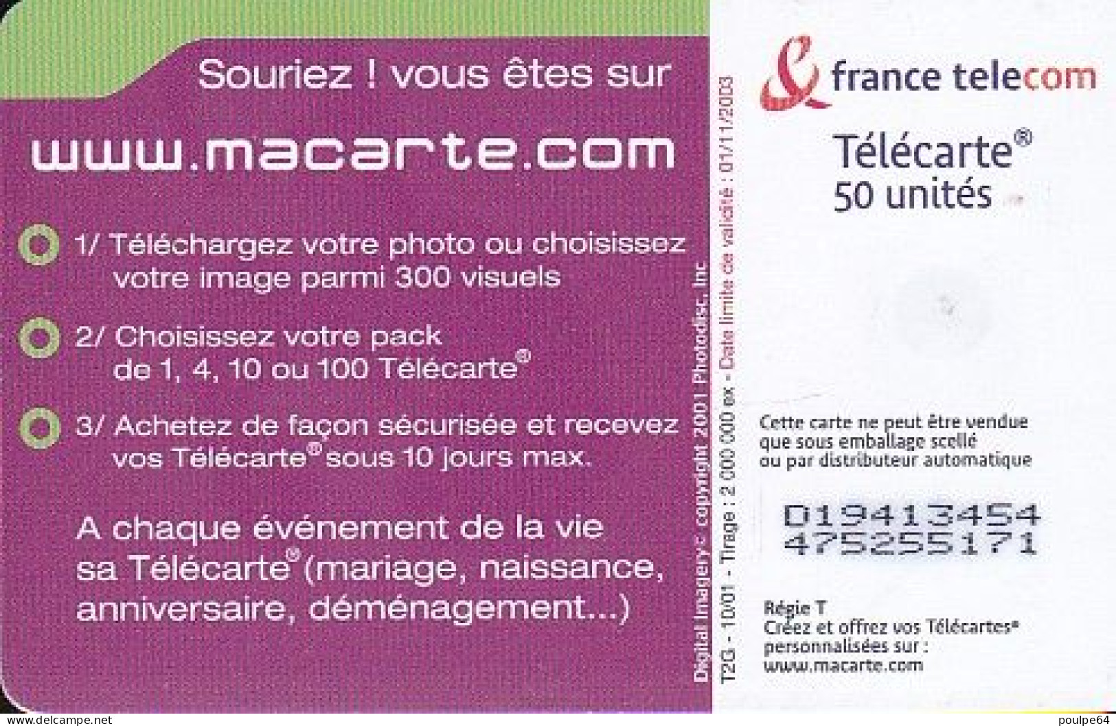 F1181B  10/2001 - MACARTE.COM " Fou D'amour " - 50 OB2 - 2001