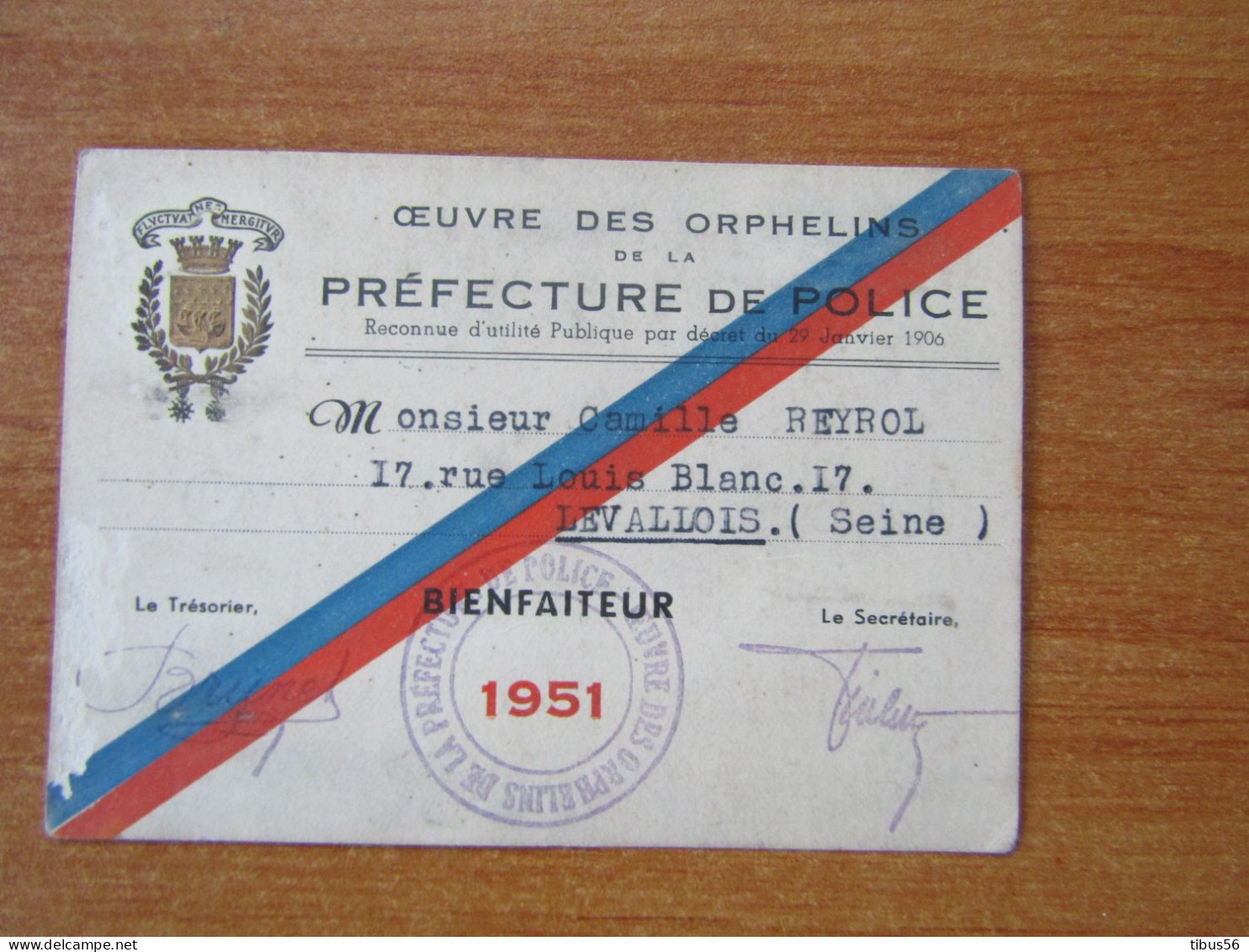 LEVALLOIS PERRET 92 CARTE AVEC EN TÊTE PRÉFECTURE DE POLICE OEUVRE DES ORPHELINS BIENFAITEUR 1951 - Politie & Rijkswacht