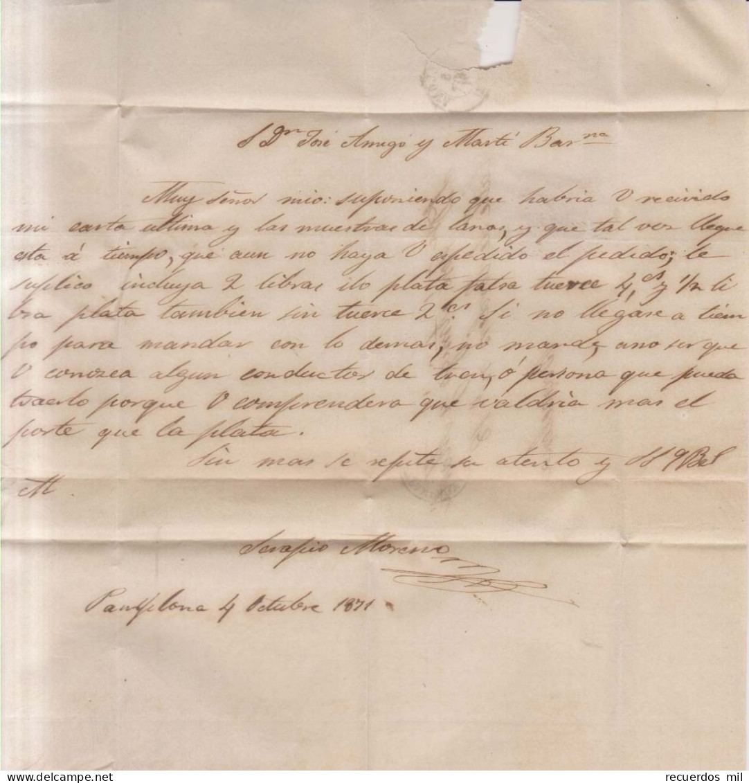 Año 1870 Edifil 107 Alegoria Carta Matasellos Rombo Pamplona Serapio Moreno - Lettres & Documents