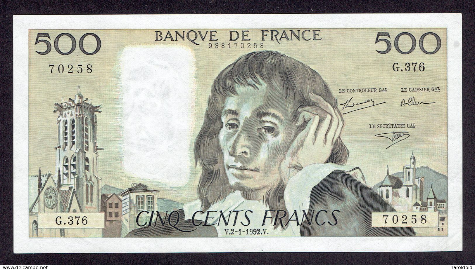 500 FRANCS PASCAL - V.2-1-1992.V. - PLIS D'ANGLE ET VERTICAL - PETITE TACHE DANS LA MARGE - PAS DE TROUS - TTB / SUP - 500 F 1968-1993 ''Pascal''