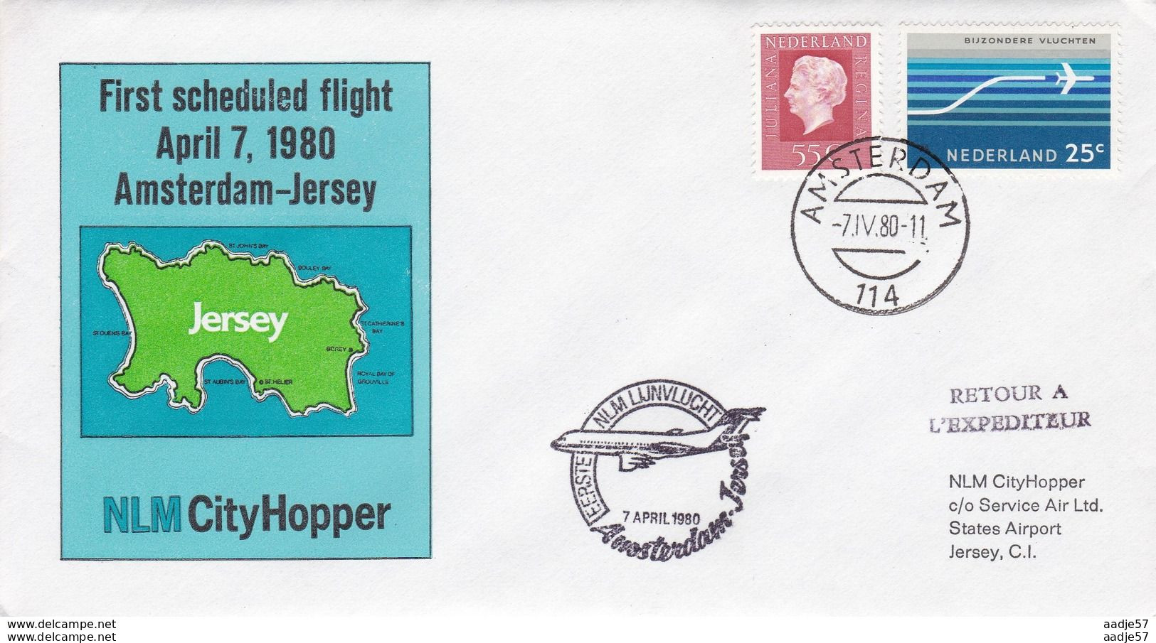 Netherlands Pays Bas Spec Cover 1 Flight Amsterdam -Jersey NLM City Hopper 1980 - Sonstige & Ohne Zuordnung