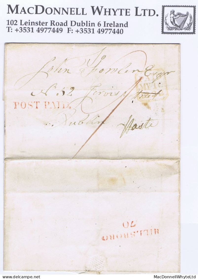 Ireland Down 1832 Masonic Cover To Dublin "Haste9" With Hillsboro POST PAID (with Dot) And Matching HILLSBORO/70 Mileage - Prephilately